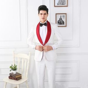 Fantastyczny styl Jeden przycisk Ivory Wedding Groom Tuxedos Czerwony Szal Lapel Groomsmen Mężczyzna Dinner Blazer Garnitury (Kurtka + Spodnie + Krawat) No: 1816