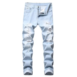 Men's Jeans Mens Light Color Slim Fit Hole High Street Blue Non-elastic Casual Fashion Urban Stretwear