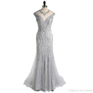 High-End Custom Pure Hand-Beaded Fashion Ball Evening Gown Sexy Fishtail Package Hip Silver Gray Lace Ball Gown Beauty Party Dresses