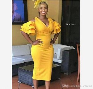 Tea Length Yellow Cocktail Dresses Glamorous Sheath Short Sleeves Formal Club Wear Homecoming Prom Party Gowns Plus Size Custom Made