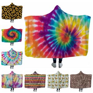 Sunflower Hooded Blanket Kids Fleece Blanketter Kasta filt Vinter bäddsoffa Supply Tillbehör Julklapp Leopard Tie Dye 18 Design DW4278