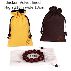 Large Thicken Velvet Cotton Linen Bag Long Travel Bead Necklace Bracelet Jewelry Storage Bag Drawstring Portable Cloth Bags 13x21cm