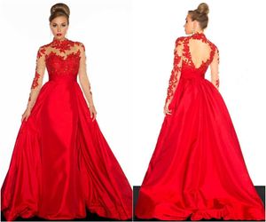 Ren stil röd prom klänningar lång hög nacke spets taffeta a-line applique långärmad backless formell kvällsklänning varm försäljning anpassad