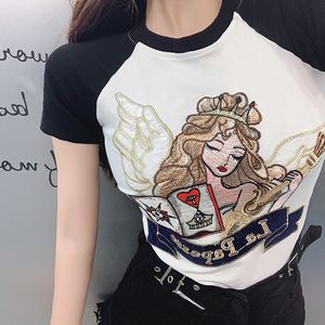 New fashion womens sexy bodycon tunic short sleeve color block cartoon embroidery cotton t-shirt plus size S M L XL
