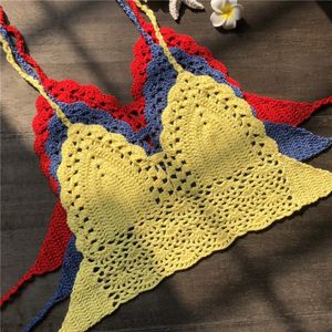 Camisoles Tanks 2021 Mulheres Sexy Bra Boho Beach Bikini Bikini Crop Tops Handmade Crochet Malha Sem Mangas Backless Barry Tank Lingerie