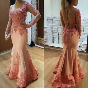 Pfirsichrosa Meerjungfrau-Kleid für die Brautmutter, langärmelig, Spitze, Perlen, formelle Abendparty-Kleider für Hochzeitsgäste