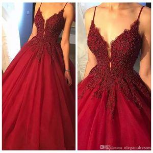Sexy V-Neck Spaghetti Strips Prom Dresses A-Line Lace Top Beaded Pearls Long Special Occasion Party Gowns Long Vestidos De Soiree Customized