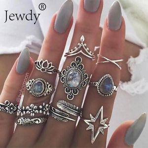 Jewdy Boho Rings Silver Color Color Crystal Midi Ringsセットナックルジュエリー10pcs/lot Leaf Geometric Gypsyセット