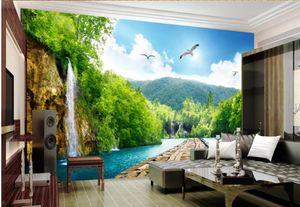 modern living room wallpapers Landscape waterfall wooden bridge 3D landscape background wall background painting