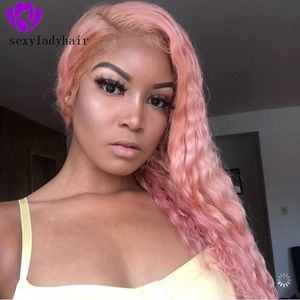 Pink color 360 lace Water Wave wig Long Heat Resistant 150% density Daily Makeup Synthetic Lace Front Party Wigs for white women