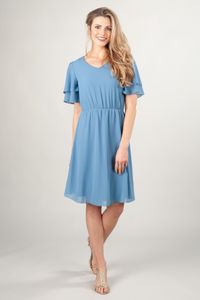 2019 Mavi Şifon Yaz Kısa Mütevazı Gelinlik Modelleri Flutter Kollu V Boyun Diz Boyu Kadınlar Plaj Boho Düğün Parti Elbise