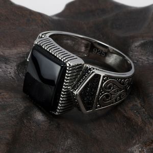 Anéis masculinos garantidos de prata s925, anéis turcos antigos para homens, anel de sinete com pedra, cor quadrada, joia turca, anello uomo