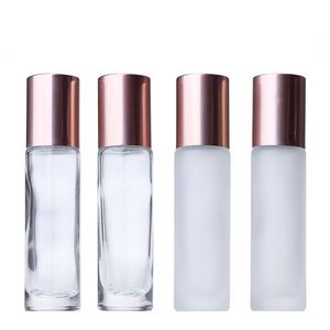 10 ml de garrafas de perfume de vidro vazias de 10 ml rolo de bola de aço inoxidável em garrafas com tampa de ouro rosa fosco