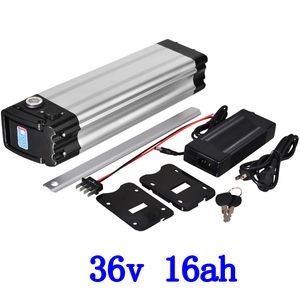 36V 15AH Silver Fish Case Electric Bike Lithium Batteri 36V 500W Använd 3.7V 2600 18650 Cell med 15A BMS + 42V 2A Laddare