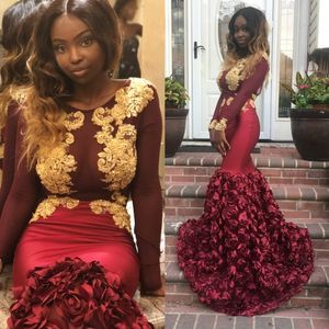 Burgundia Mermaid Black Girls Prom Dresses 2019 Długie Rękawy Zroszony Klejnot Neck Cekinowy Suknie Wieczorowe Appliqued Backless Formalna sukienka