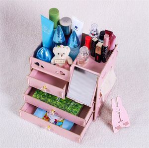 DIY Träförvaring Box Makeup Organizer Smycken Container Trä Låd Arrangör Skrivbord Handgjorda Kvinnor Kosmetiska Förvaringslåda