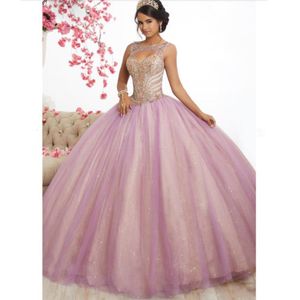 Splendid Różowy Tulle Długie Suknie Balowe Suknie 2019 Nowy Projekt Frezowanie Top Sweet 16 Sukienka Sukienka Evening Quinceanera Vestido de Festa