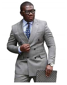 New Fashion Grey Double Breasted Wedding Suits for Men 2 Pieces Men Suits Groom Tuxedos (Jacket+Pants)