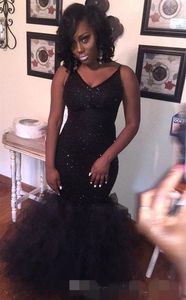 Sequins Black Girls Mermaid Prom Dresses Tiered Tulle Skirt Spaghetti Straps Floor Length Plus Size Party Gowns Custom Made Formal Wear