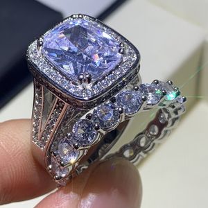 Sparkling Hot Sale Luxury Jewelry Couple Rings 925 Sterling Silver Cushion Shape White Topaz Gemstones Women Wedding Bridal Ring Set Gift