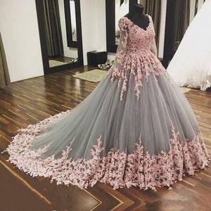 2020 Modern Grey Tulle Pink Lace Wedding Dresses Ball Gown Handmade Appliques Sweep Train Princess Custom Plus Size Bridal Gowns