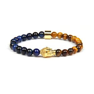 Großhandel Herren Stein Schmuck Geschenk Edelstahl Buddha Yoga Armband mit natürlichen facettierten Tigerauge Steinperlen 4x6mm