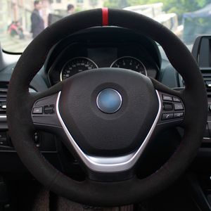 Hand sydda anpassad svart mocka röd markör bil rattskydd för BMW F30 320i 328i 320D F20