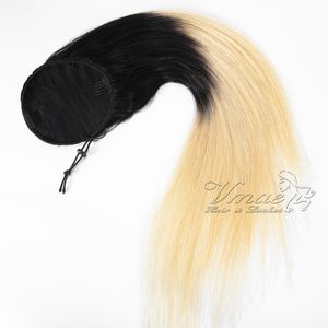 VMAE Straight Clip In Peruvian Drawstring Ponytail Blonde 1B 613 2 100g-160g Tone Ombre Elastic Band Virgin Human Hair Extension
