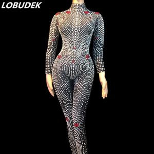 Tuta con strass di perle nere Body elasticizzato sexy Pagliaccetti con cristalli Party Celebration Outfit Lady Singer Dancer Stage Abbigliamento da discoteca