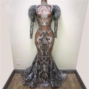 Ver Através Penas Lace Prom Dresses Sexy alta Neck mangas compridas Mermaid Vestido Illusion Partido Vestidos vestido de festa