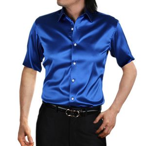 Slim Fit Tamanho Dos Homens Dos Homens Silk Cetim Noivo De Manga Curta Camisas