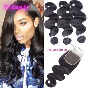 Indian Wholesale 4 Pieces/lot Human Hair Bundles 5X5 Lace Closure Body Wave Bundle With Top Closures Middle Three Free Part