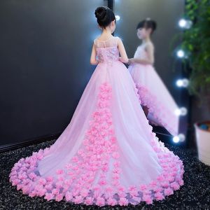 Splendidi abiti da spettacolo per ragazze rosa carine Gioiello Collo Paillettes Appliques Abiti per ragazze di compleanno Sweep Train Abiti per ragazze di fiori S299U