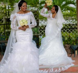 Vintage spetsar sjöjungfru bröllopsklänning vestidos de novia sirena vit organza långärmad bröllopsklänningar rufsar afrikanska brudklänningar