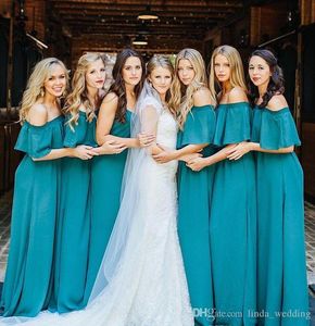 2019 Zarif Hunter Kapalı Omuz Şifon Boho Nedime Elbise Yaz Bir Çizgi Düğün Konuk Hizmet Hizmetçi Onur Kıyafeti Artı Boyutu Custom Made