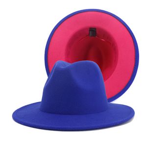 뜨거운 핑크 하단 모직 모자 남자와 패션 양면 파란색 남성 여성 넓은 파나마 재즈 페도라 모자 펠트 밴드 Patchwok 모자