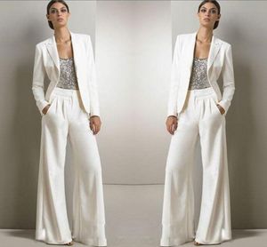 2020 Nya Bling Sequins Ivory White Byxor Passar Moder av brudklänningarna Formell Chiffon Tuxedos Kvinnor Party Wear Fashion Modest