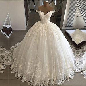 Elegante Ballkleid-Brautkleider, schulterfrei, Spitzenapplikationen, funkelnde Perlen, Kathedralenschleppe, Hochzeits-Brautkleider mit Schnürung