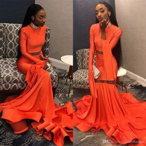 Sleeve Two Coral Piece Mermaid Prom Dresses High Jewel Neck Long Sleeves Sweep Train Formal Dress Evening Gowns Ogstuff Robe s