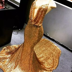 Sexy Gold Sequined Lace Mermaid Evening Dresses Wear Deep V Neck Sleeveless Backless Sweep Train Formal Sequins Prom Dress Party Gowns