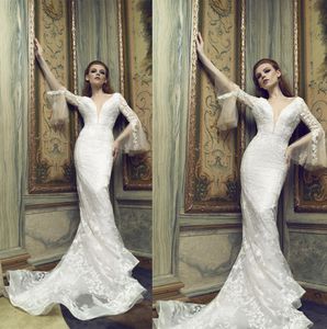Sexy Mermaid Wedding Dresses Illusion V Neck Long Sleeve Appliqued Lace Bridal Gowns Sweep Train Wedding Dress robes de mariée
