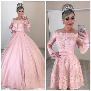 2020 New Arrival Pink Puffy Prom Dresses Off Shoulder Illusion Lace Appliques Long Sleeves Bow Detachable Train Party Evening Gowns Wear