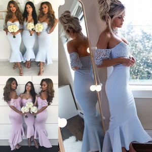 Bridesmaid Dresses 2019 Mermaid Sweetheart Short Sleeves Hi Lo Honor of Maid Gowns Lavender Sky Blue Wedding Party Dress In Stock