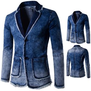 Giacca da uomo in jeans da uomo 2018 Giacca da uomo a due bottoni con bordo in pelliccia Giacca da uomo casual Blazer blu