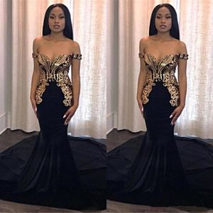 African Mermaid Black Prom Dresses Long Gold Appliques Elegant Off Shoulder Custom Black Girls Evening Gowns Celebrity Runway Dress