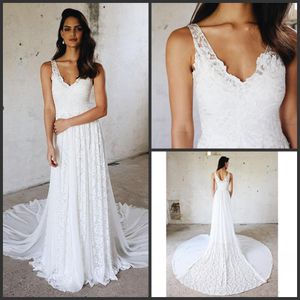 Sexy New Amazing Long Wedding Abito Vestitidos Open White White Ivory Lace Chiffon Straps Beach V Neck Appliques Boho Bridal Gowns