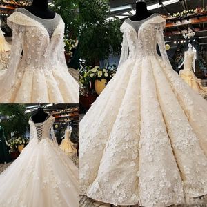 Niesamowite rocznika suknie ślubne Sheer Neck Długie Rękawy 3D Aplikacje Sukienka Bridal Sukienka Lace Up Powrót Koronki Tulle Suknia Ślubna Custom