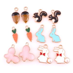 12pcs Pink Bend Butterfly Rabbit Squirrel Alloy Enamel Charm Jewelry Making Drop Oil Pendant DIY Bracelet Necklace Fashion Accessory