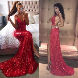 Sequins Sparkly Red Evening Dresses Backless Spaghetti Straps Sweep Train High Split Custom Made Prom Gown Formal Ocn Wear
