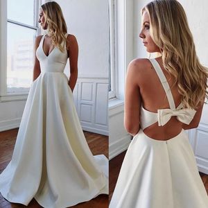 Simply Satin Wedding Dresses Deep V Neck Ruffles Bridal Gowns Sexy Backless Sweep Train Beach Wedding Dress